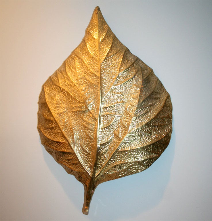 Large Hammered Brass Leaf Sconce by Tommaso Barbi