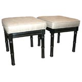 Pair of Black Lacquered Faux Bamboo Stools with Wool Upholstery
