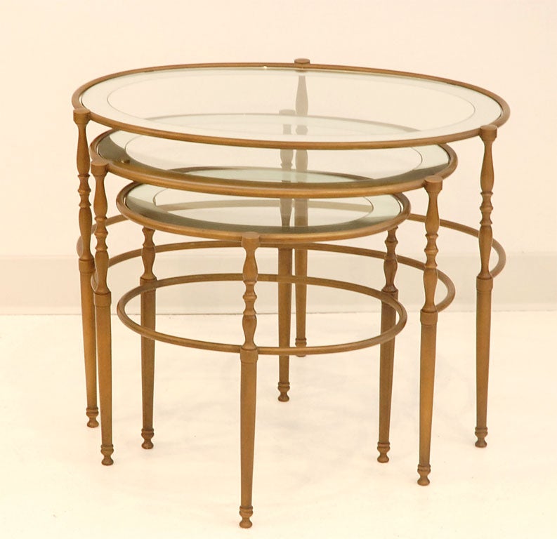 Patinated Bronze Oval Nesting Tables with Mirrored Glass Tops