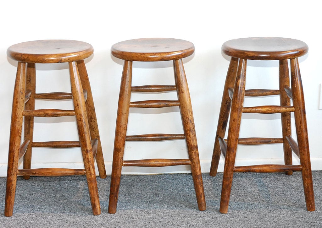 1920-1930'S BAR STOOLS ORIGINAL NATURAL SURFACE-SET OF THREE