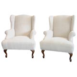 PAIR 1930S WING CHAIRS IN 19THC LINEN IN PRISTINE CONDITION