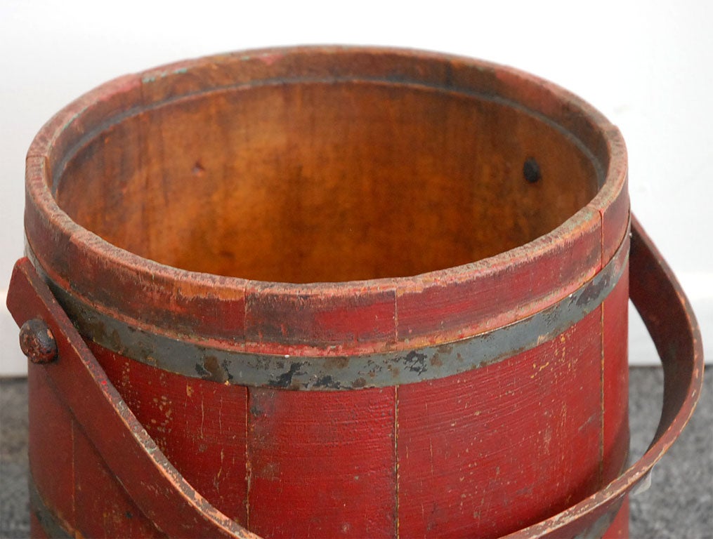American 19THC LARGE SUGAR BUCKET WITH HANDLEIN ORIGINAL RED PAINT