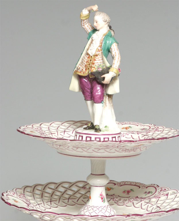 German Meissen Three-Tiered Porcelain Dessert Stand with Figural Finial For Sale