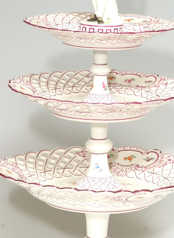 Meissen Three-Tiered Porcelain Dessert Stand with Figural Finial In Excellent Condition For Sale In Great Barrington, MA