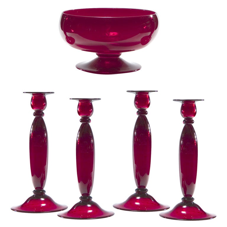 Steuben "Selenium Red" Centerpiece and 4 Candlesticks