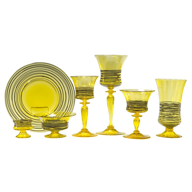 Steuben Complete Handblown Bristol Yellow Crystal Service with Applied Black For Sale