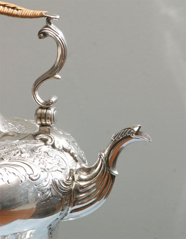 20th Century English Sterling Silver Rococo Hot Water Kettle With Stand And Burner