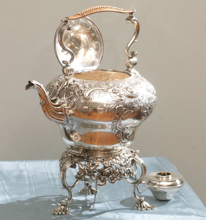 English Sterling Silver Rococo Hot Water Kettle With Stand And Burner 4