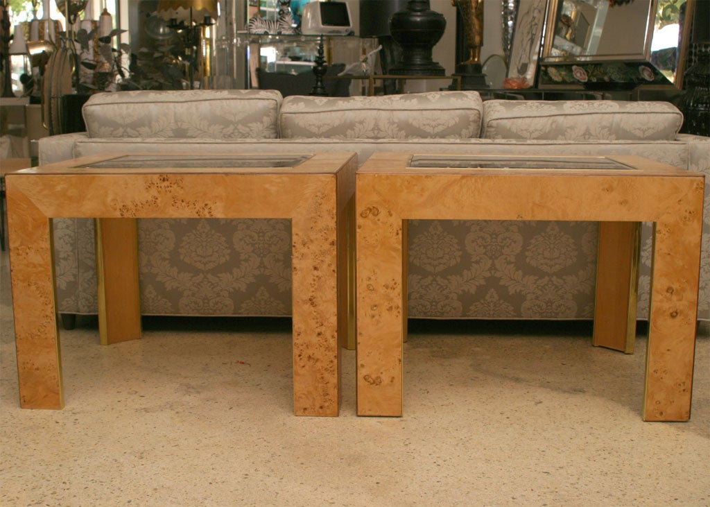 Pair of 70's Brass-trimmed Burlwood Tables
