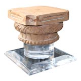 Occasional Table with Thick Lucite Base and Carved Oak Top