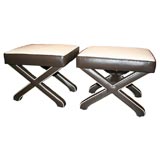 Pair of X Benches in Chocolate Leather with Ostrich Seats