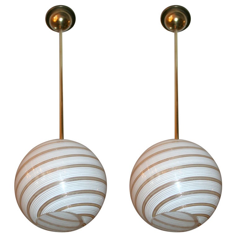 #3927 Pair of Venini Glass Globe Pendant Light Fixtures