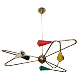 #3913 Brass Six Arm Chandelier with Multicolored Shades.