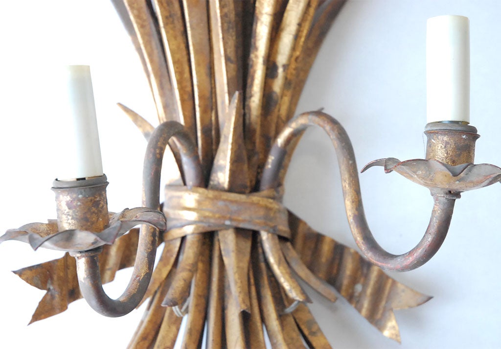 Pair of Italian Wheat Sheaf Gilt Metal Sconces 2