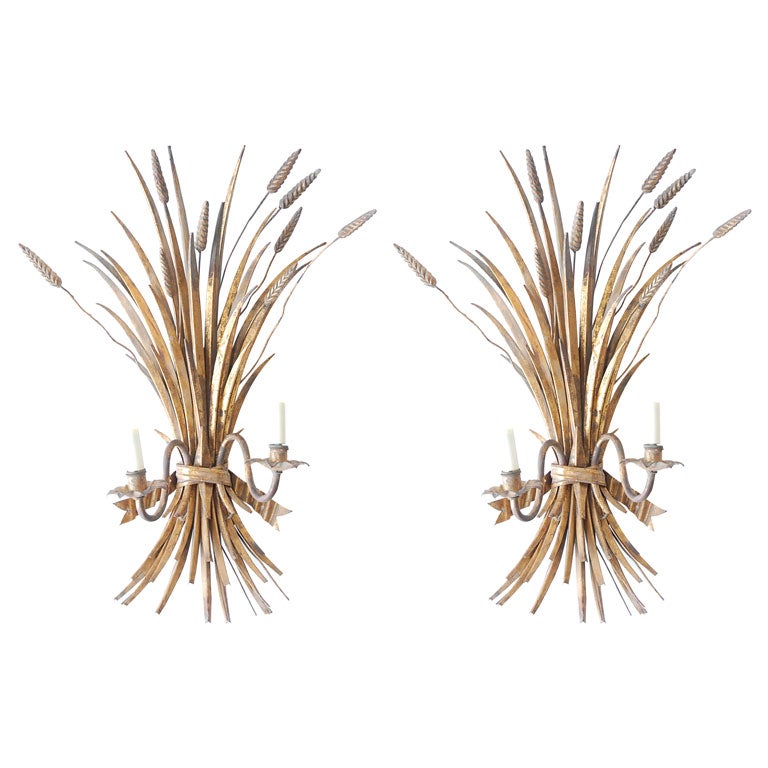 Pair of Italian Wheat Sheaf Gilt Metal Sconces