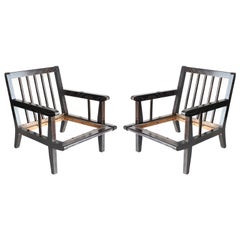 Pair of Continental Mid-Century Ebonized Oak Arm Chairs