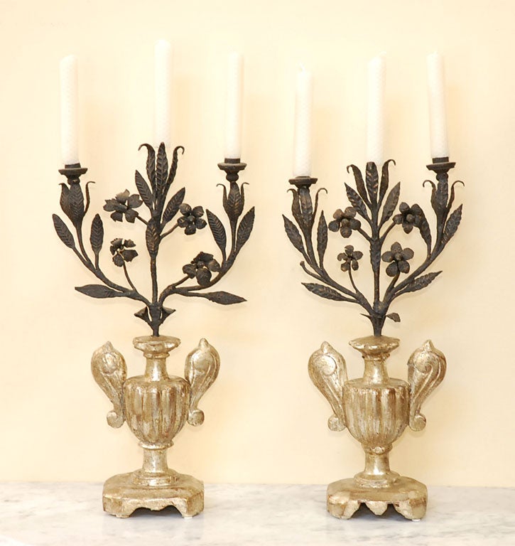 Pair 18th C. Silver Giltwood Pricket Candleabra