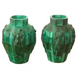Pair of 1920's Malachite Carved Vases