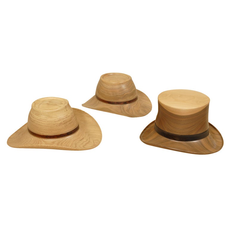 Set of Three Life-Sized Turned Wood Hats by Chris Ramsey