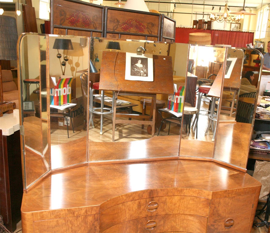 Mid-20th Century Burl Veneer Vanity with 5 Part Mirror.