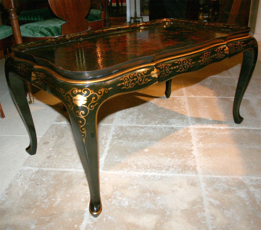 Black lacquered scalloped tray on stand