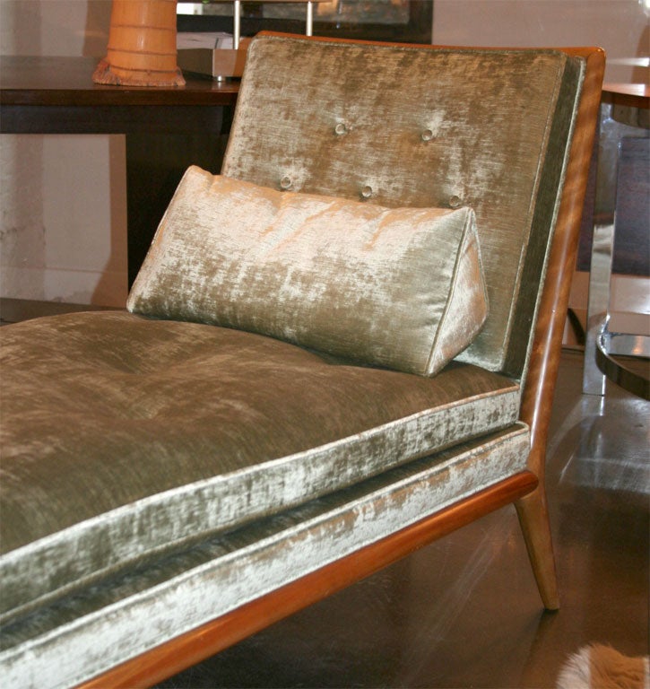 Rare daybed and pillow upholstered in sage green velvet.