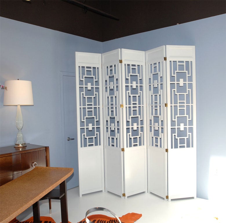 Chic white lacquered asian modern five panel screen. Newly refinished. Net $2400.00