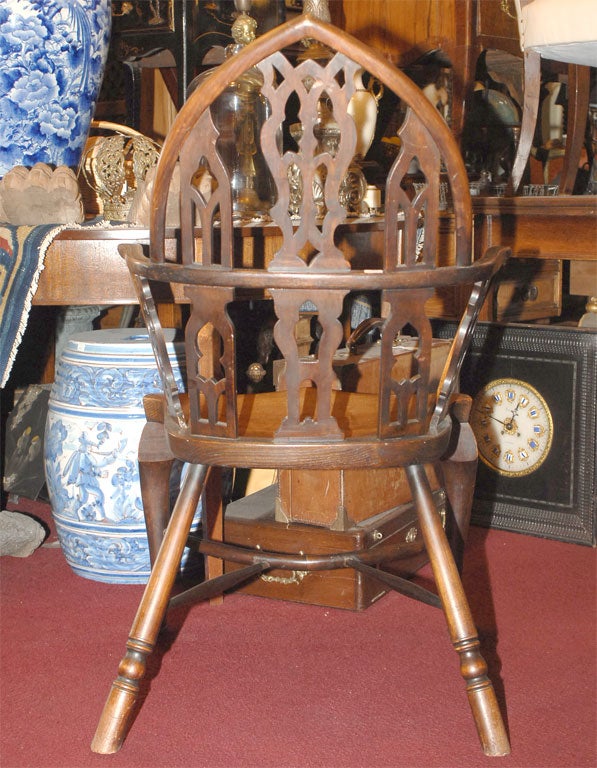 19th Century English Oak and Yew Wood  Gothic Revival Windsor Armchair