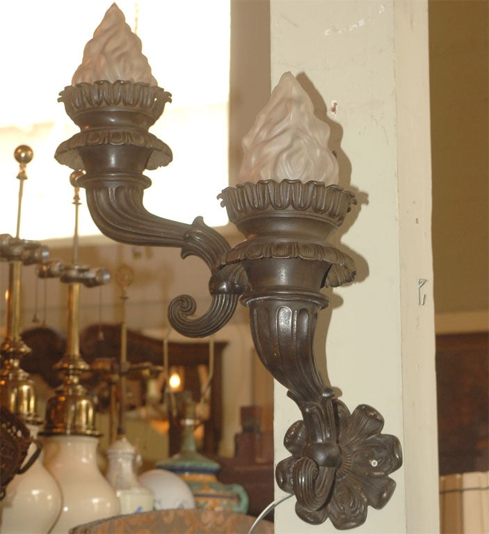 Large Pair of Torch Style Bronze Sconces