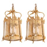 Pair  Etched Glass Hall Lanterns