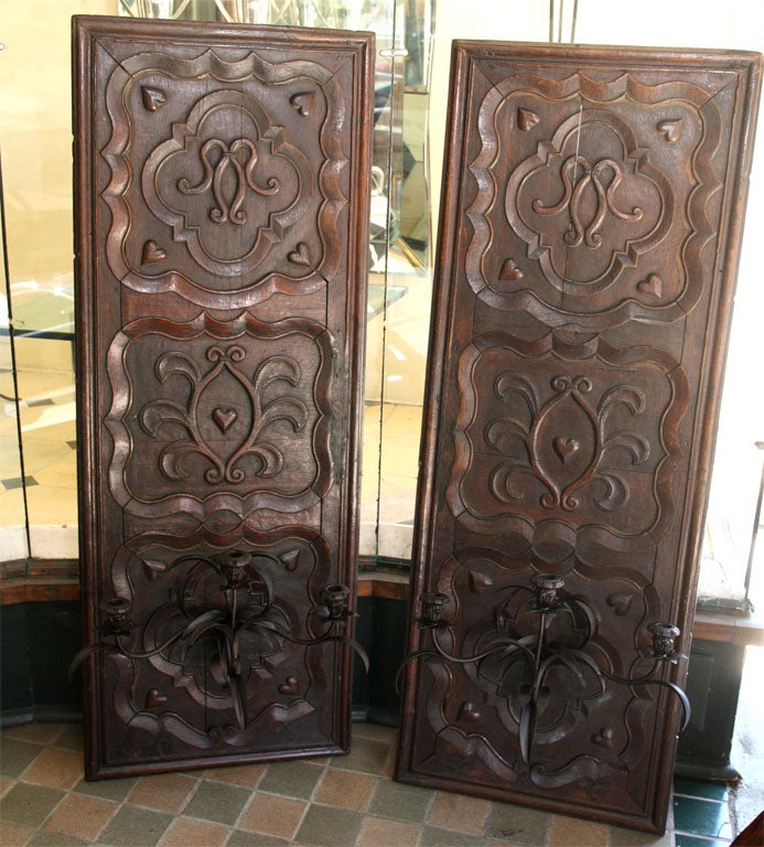 Pair Carved Wood Panels Mounted  as Sconces