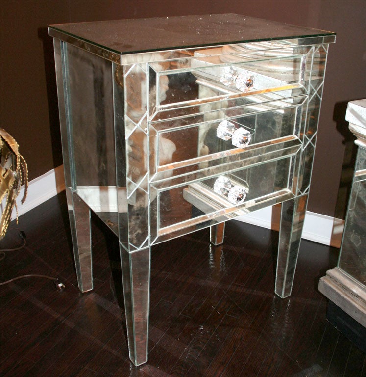 Custom Neoclassical Modern 3-drawer X-front beveled mirror nightstand. Customization is available in different sizes, finishes and hardware.