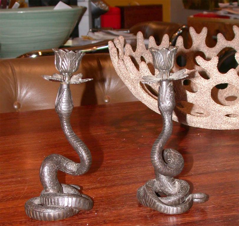 Coiled  Bronze Snake With Floral Motif Candle Support