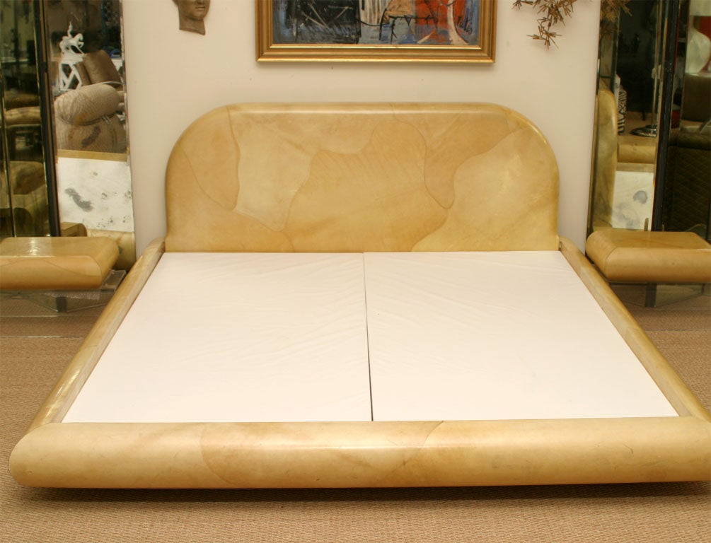 King size lacquered goatskin bed with a matching pair of drawers that can be mounted on either side of the bed and used as night tables. Another great design by Karl Springer.