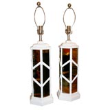 Pair of white composition lamps with mirrored inserts