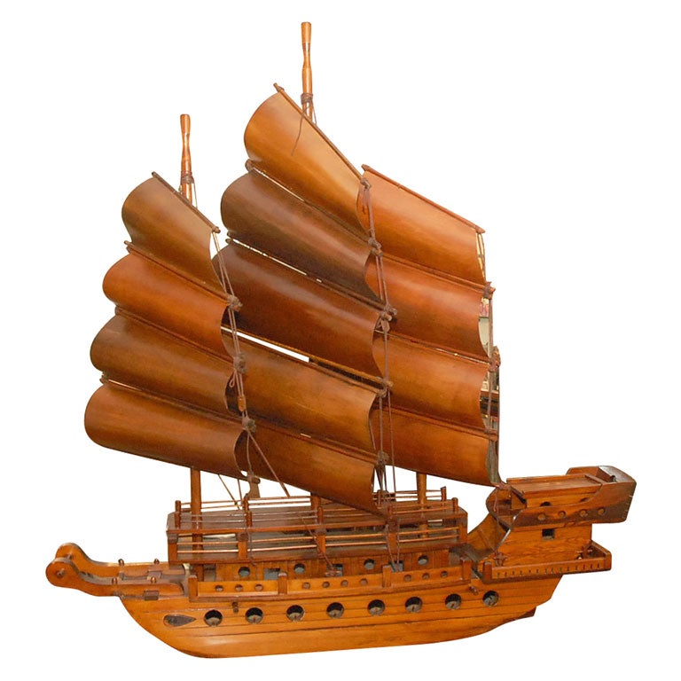 Handcarved Junk with 3 bentwood sails