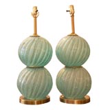 Murano glass pair of iced aqua pulegoso table lamps