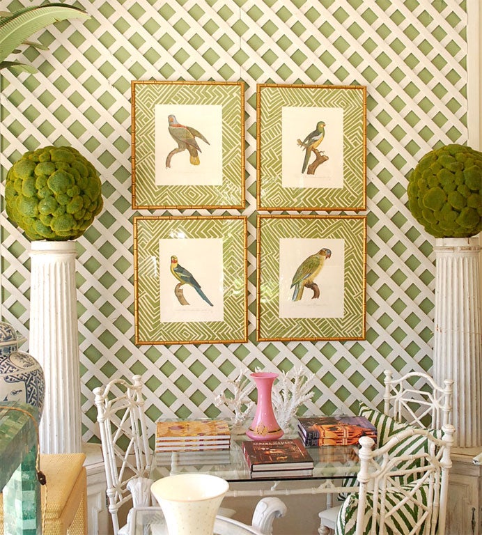 Four Parrot Prints from Langois. Mounted on fabric with a Faux Bamboo Gold Frame.