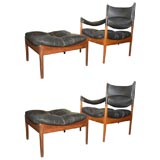 Vedell Willadsen Black Leather Easy Chair and Stool