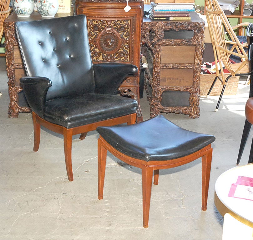 Frits Henningsen Black Leather Low Easy Chair and Ottoman