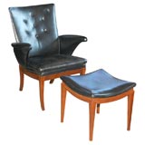 Frits Henningsen Black Leather Low Easy Chair and Ottoman