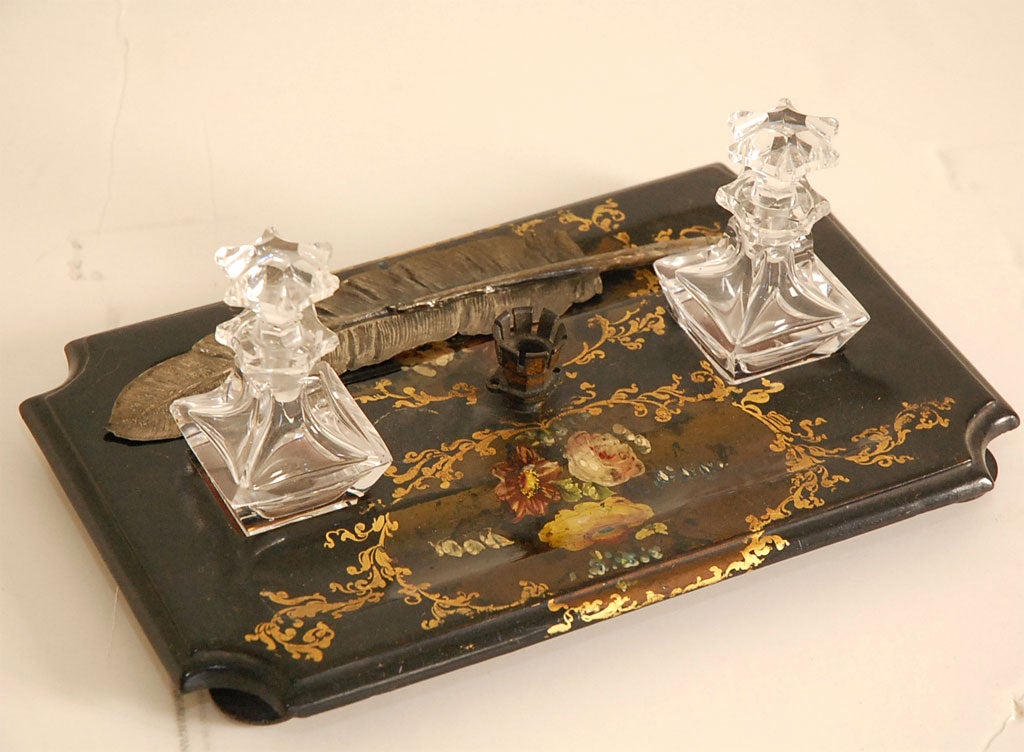 Victorian Inlay Floral Inkwell with Silver Plume