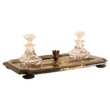 Victorian Inlay Floral Inkwell with Silver Plume
