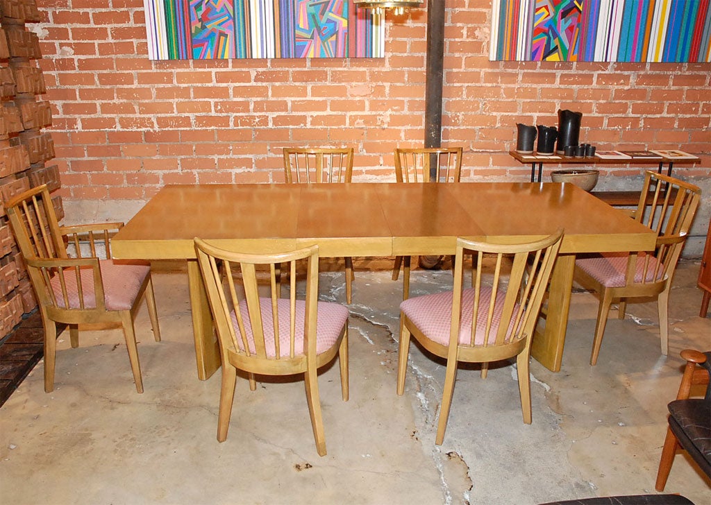 Maple Dining Set with two leaves and six upholstered chairs.<br />
Chairs: 34 1/2