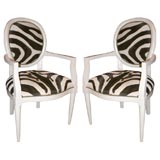 Pair of White Enamel Arm Chairs with Faux Zebra Upholstery