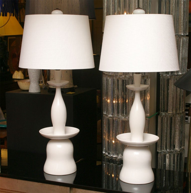 Monumental White Faience Table Lamps ala Tommi  Parzinger