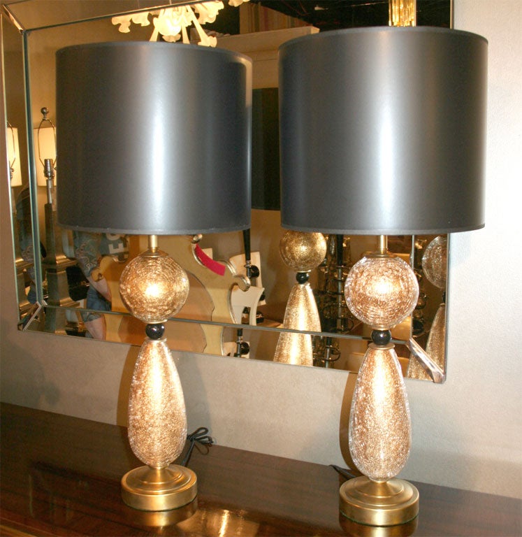Pair Gold Foiled Crackled Glass Lamps with Ebony Sphere