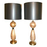 Pair Gold Foiled Crackled Glass Lamps with Ebony Sphere