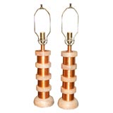 Pair of Art Deco Oak and Copper Lamps by Russell Wright