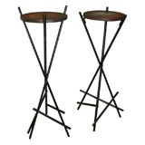 Retro Pair of Wrought Iron and Walnut Modernist Plant Stands